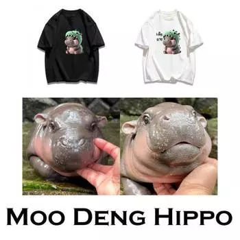 Футболка Moo Deng Tiny Baby Hippo Star Cry Thailand Cute Pygmy Hippo Unisex для мужчин и женщин с принтом и круглым вырезом с коротким рукавом S
