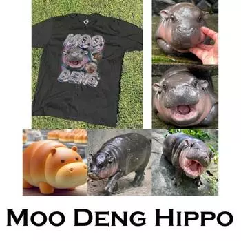 Футболка Moo Deng Tiny Baby Hippo Star Thailand Cute Pygmy Hippo Unisex для мужчин и женщин с принтом и круглым вырезом S