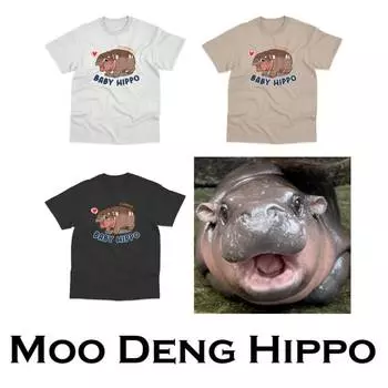 Футболка Moo Deng Tiny Baby Hippo Star Thailand Cute Pygmy Hippo Unisex для мужчин и женщин, с принтом, с коротким рукавом и круглым вырезом, большого размера S KID