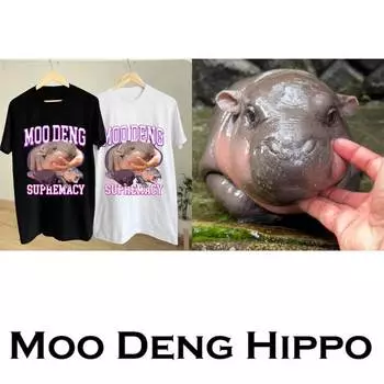Футболка Moo Deng Tiny Baby Hippo Star Thailand Cute Pygmy Hippo Unisex для мужчин и женщин с принтом и круглым вырезом S