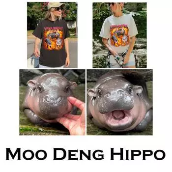 Футболка Moo Deng Tiny Baby Hippo Star Thailand Cute Pygmy Hippo Unisex для мужчин и женщин с принтом и круглым вырезом S