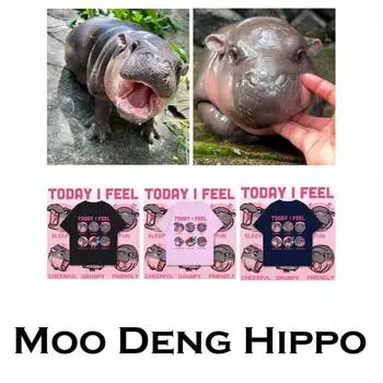 Футболка Moo Deng Tiny Baby Hippo Star Thailand Cute Pygmy Hippo Unisex для мужчин, женщин, детей, мальчиков и девочек с принтом, короткий рукав, круглый вырез S