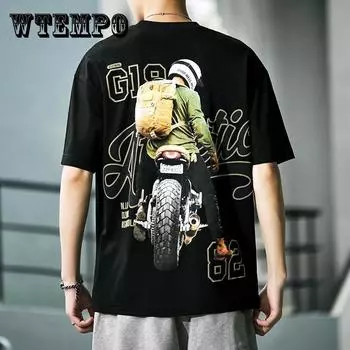 Футболка Moto & Biker свободного покроя, американская трендовая ретро-рубашка с круглым вырезом и коротким рукавом, повседневный свитер с графическим рисунком, одежда в стиле панк, лето XXXL оранжевый