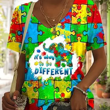 Футболка Muti Color с узором слона, повседневный топ с v-образным вырезом и короткими рукавами, женская одежда S