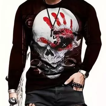 Футболка мужская большого размера с принтом 3D черепа и ладони, с длинным рукавом, повседневная, из мягкой, слегка эластичной полиэстеровой ткани, с круглым вырезом, идеально подходит для сезона весна-осень S