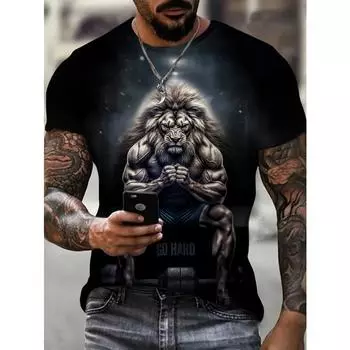 Футболка мужская большого размера с ярким мускулистым рисунком льва - модная летняя одежда - удобная и прочная S