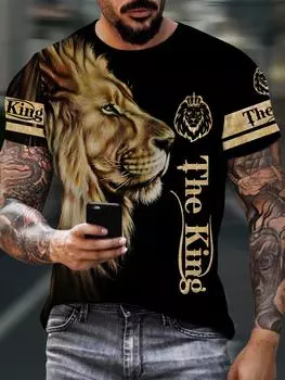 Футболка мужская черная с рисунком льва - футболка с 3D-принтом и дизайном, полиэстер, машинная стирка, футболка с изображением льва S