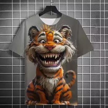 Футболка мужская Fun Tiger с 3D-принтом и рисунком животных, повседневная спортивная, с коротким рукавом, уличная мода, с круглым вырезом, свободная мужская одежда S