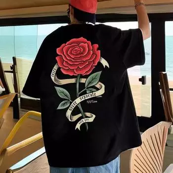 Футболка мужская и женская из хлопка с принтом красной розы, дышащая, свободного покроя, с короткими рукавами S красный