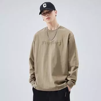 Футболка мужская из американского плотного хлопка с длинными рукавами, осенняя, белая, с круглым вырезом, со стальным тиснением, свободная, большого размера, свитер, нижняя рубашка XL света кофе