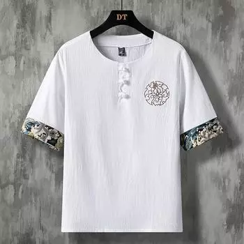 Футболка мужская из хлопка и льна с короткими рукавами и пряжкой в стиле Тан, мужская футболка Hanfu XXXXXL белый