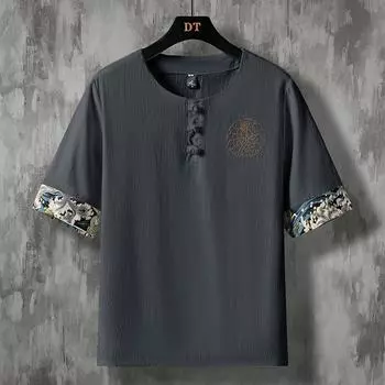 Футболка мужская из хлопка и льна с короткими рукавами и пряжкой в стиле Тан, мужская футболка Hanfu S белый