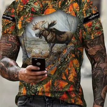Футболка мужская модная с рисунком больших размеров - яркий 3D принт оленя - дышащие короткие рукава для стильной летней одежды S