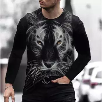 Футболка мужская повседневная в европейско-американском стиле с 3D-цифровым принтом свирепого животного, свободная мужская футболка с круглым вырезом и длинными рукавами S