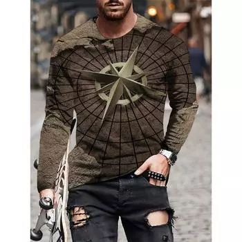 Футболка мужская с длинным рукавом с принтом «Модный компас» в 3D-стиле, весенняя ретро-футболка с круглым воротником S серый