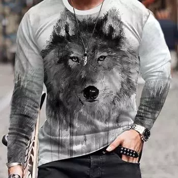 Футболка мужская с длинным рукавом с принтом волка 3d, стильные футболки на осень, мужская одежда S