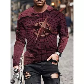 Футболка мужская с длинным рукавом с принтом «Модный компас» в 3D-стиле, весенняя ретро-футболка с круглым воротником S серый