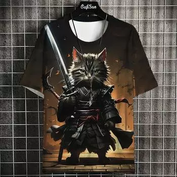 Футболка мужская с изображением животных из мультфильмов, футболки с принтом кошек в японском стиле, повседневные свободные футболки с коротким рукавом, свободная мужская одежда, топы L