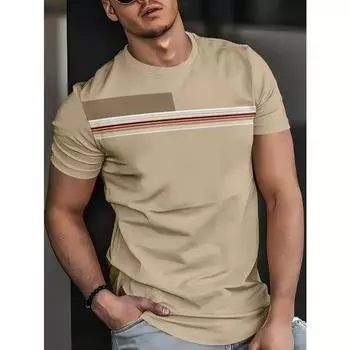 Футболка мужская с круглым вырезом и коротким рукавом - мягкая слегка эластичная полиэстеровая ткань, узор в полоску, повседневная, весна-лето S белый