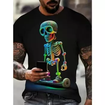 Футболка мужская с круглым вырезом и принтом черепа - мягкая слегка эластичная полиэстеровая ткань, машинная стирка, повседневная футболка с коротким рукавом для активного отдыха S