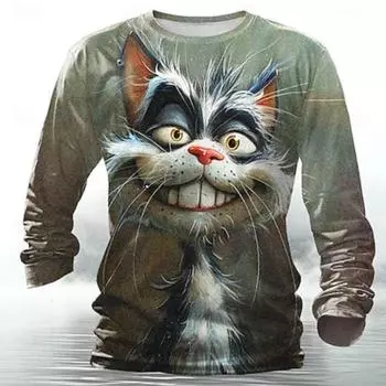Футболка мужская с принтом Cat Funny Retro Vintage 3D, уличная повседневная футболка с длинным рукавом и круглым вырезом, лето-весна S