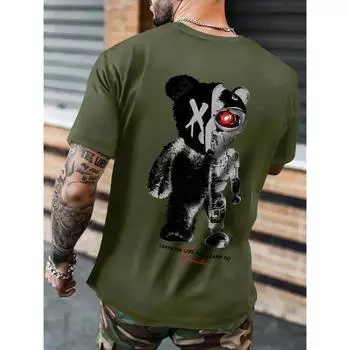 Футболка мужская с принтом «Половина плюшевого мишки, половина роботизированного медведя», повседневная хлопковая летняя одежда, дышащие топы, свободная модная футболка S красный