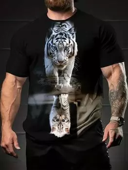 Футболка мужская с рисунком 3D Tiger Reflection - черная повседневная футболка с коротким рукавом и ярким принтом белого тигра, мягкая полиэстеровая ткань, летний уличный стиль S чёрный