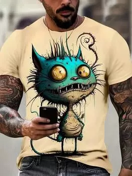 Футболка мужская с рисунком животных, граффити, забавная, смешная, с 3D-принтом, индивидуальная, винтажная, большого размера, повседневная, свободная, с круглым вырезом, с коротким рукавом S