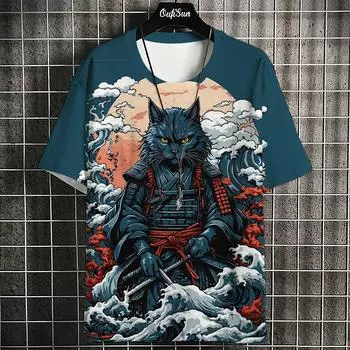 Футболка мужская с рисунком животных из мультфильмов Футболка с принтом японских кошек S