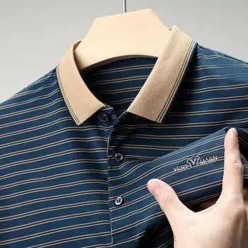 Футболка мужская, средней длины, высокоэластичная, не скатывающаяся, свободная, с короткими рукавами, не требующая глажки, приталенная, с лацканами, повседневная M