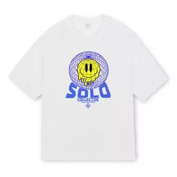 Футболка мужская свободная из хлопка с круглым вырезом и коротким рукавом с надписью «Улыбающееся лицо» на лето S белый