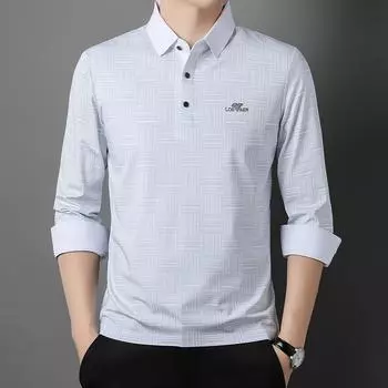 Футболка мужская весенне-осенняя модная бесшовная мужская повседневная рубашка с длинными рукавами в клетку с отворотом и тонким кроем M