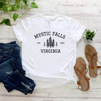 Футболка Mystic Falls Virginia, футболка с изображением вампира, футболка Salvatore Brothers, женская одежда, футболки с коротким рукавом и графическим принтом, женская футболка S чёрный