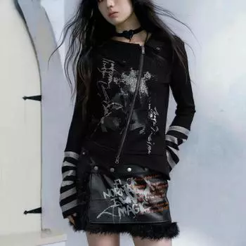 Футболка на молнии с принтом гранж-граффити, винтажные готические топы нестандартной формы, темная эстетичная лоскутная футболка с длинными рукавами в стиле панк Y2k S чёрный