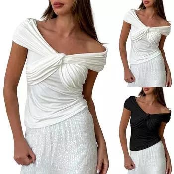 Футболка на одно плечо Летняя уличная тенденция Горячая европейская и американская футболка со складками и V-образным вырезом с открытыми плечами и короткими рукавами S белый