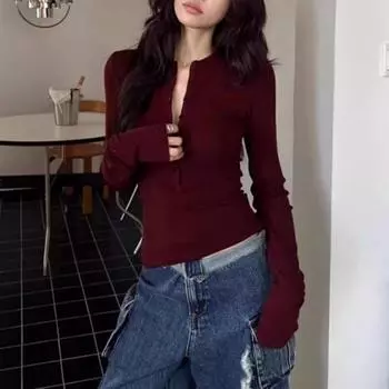 Футболка на пуговицах Y2k от Autumn Wine Red, женская зимняя шикарная облегающая футболка с длинным рукавом в корейском стиле 2024 года, однотонные базовые повседневные футболки S чёрный