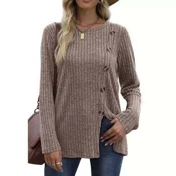 Футболка на пуговицах, женская модная осенняя повседневная однотонная футболка с длинным рукавом S