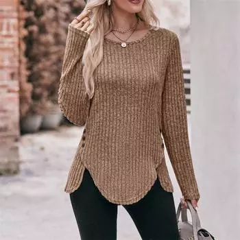 Футболка на пуговицах женская однотонная с круглым вырезом и длинным рукавом S серый