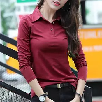 Футболка на пуговицах, женские осенние топы с поворотным воротником, тонкая хлопковая футболка, женская женская одежда с длинными рукавами, футболка Femme L чёрный