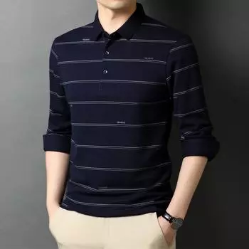 Футболка нового стиля весна-осень с длинными рукавами для мужчин среднего возраста, полосатая рубашка-поло с тонкими лацканами для мужчин M