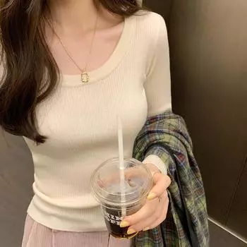 Футболка однотонная, с U-образным вырезом, прямыми плечами, с длинными рукавами, женская, осенне-зимняя, новая, облегающая, с внутренней трикотажной подкладкой S