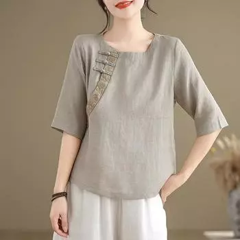 Футболка однотонная с вышивкой в китайском стиле, женская рубашка свободного кроя с короткими рукавами в стиле ретро XXL