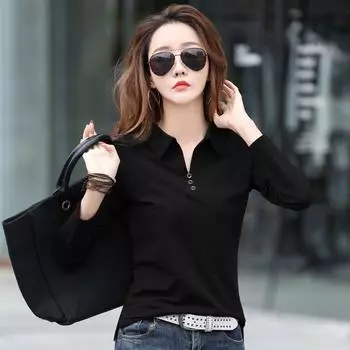 Футболка офисная женская повседневная футболка с длинным рукавом и лацканами свободная корейский стиль большие размеры женские рубашки XXXXL чёрный