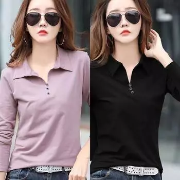 Футболка офисная женская весенняя повседневная футболка с длинным рукавом и лацканами осенняя свободная корейская стильная футболка больших размеров 4XL чёрный