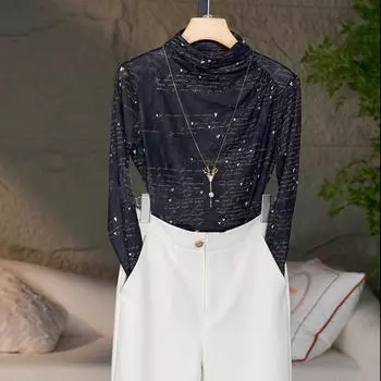 Футболка осень новый тонкий сетчатый длинный рукав рубашка принтованный топ для женщин M