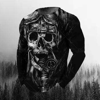 Футболка осенняя мужская европейская и американская хип-хоп серия скелетон цифровая 3D печать мужская уличная футболка с длинным рукавом топ S
