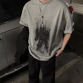 Футболка Oversize Grey Print Vintage Washed, футболка Harajuku Streetwear с графическим принтом, летняя футболка с коротким рукавом в стиле хип-хоп, мужская одежда M