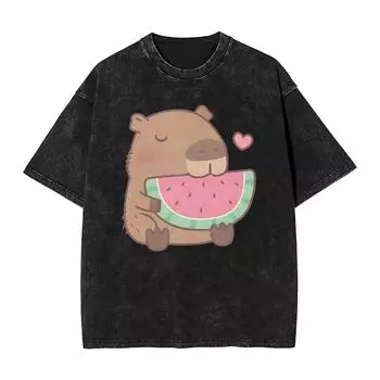 Футболка оверсайз с варкой, милая капибара ест арбуз, хлопковые футболки, мода для пары, пляжная, ретро, повседневный топ, футболки S