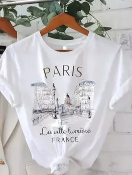 Футболка Paris Women Print T Shirt Girl Short Sleeve A-Line Casual Top for Summer & Spring, женская одежда S