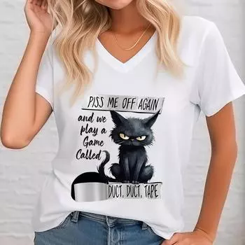 Футболка Piss Me Off Again, женские футболки с рисунком забавного кота, женская футболка с v-образным вырезом и клейкой лентой, футболка с короткими рукавами для любителей кошек XL